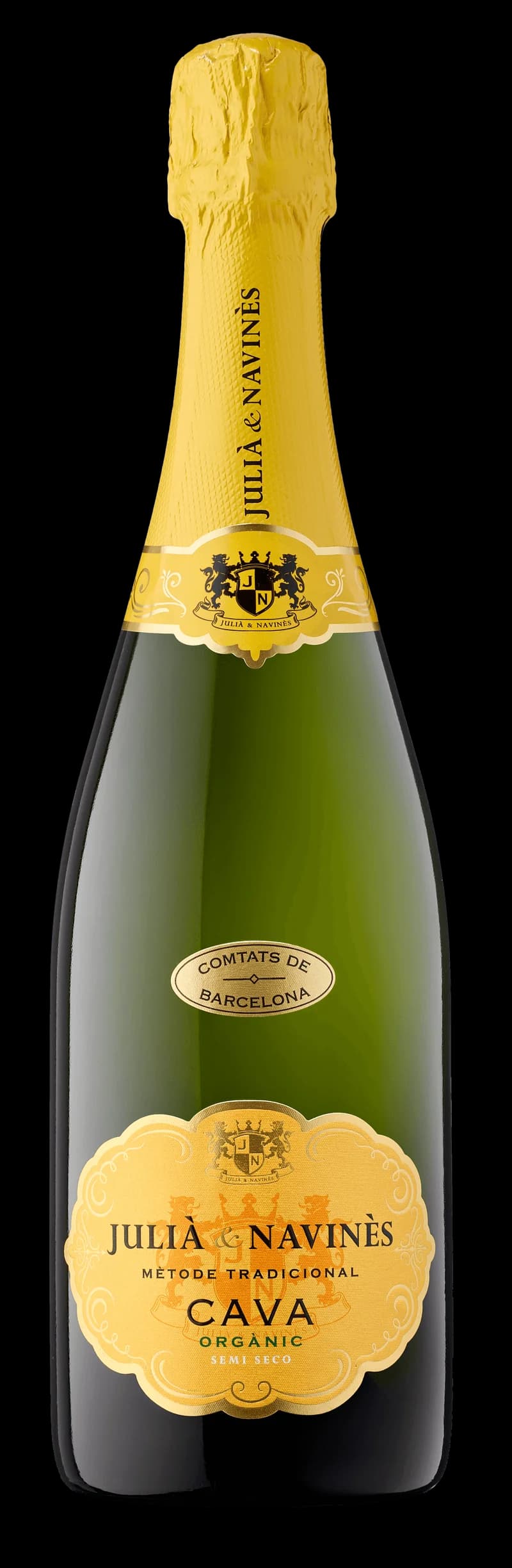 Flaska av Juli Navin's ekologiska cava, ett mousserande vin från Spanien.