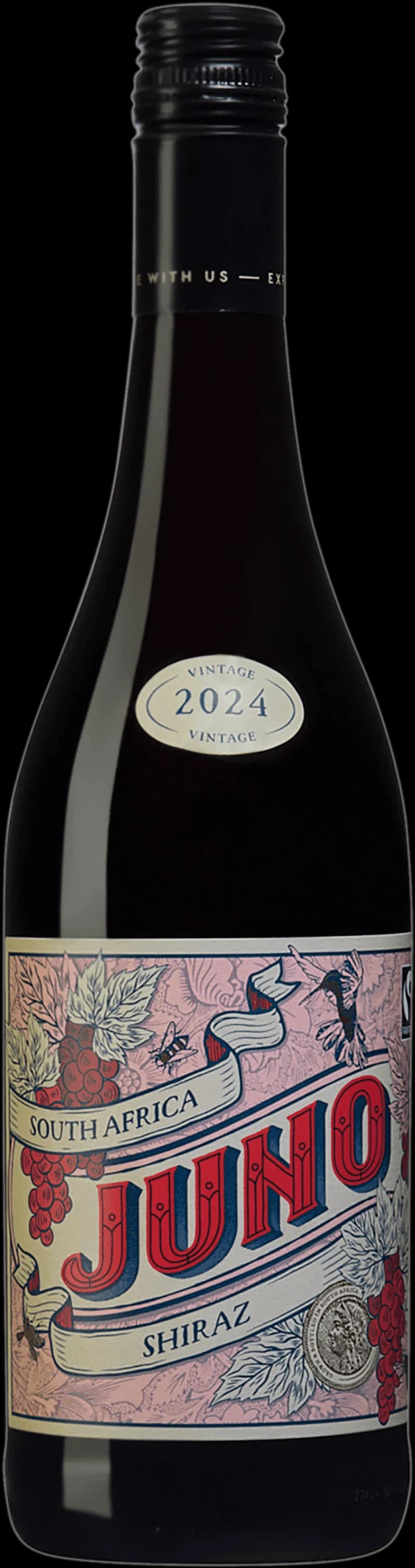Flaska av Juno rött vin från årgång 2012 på vit bakgrund.