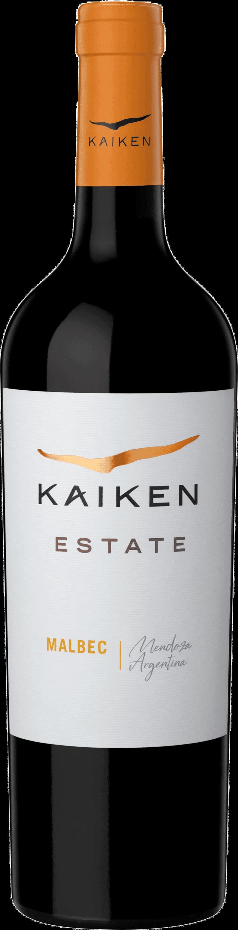 Flaska av Kaiken Estate rött vin mot en mörk bakgrund.