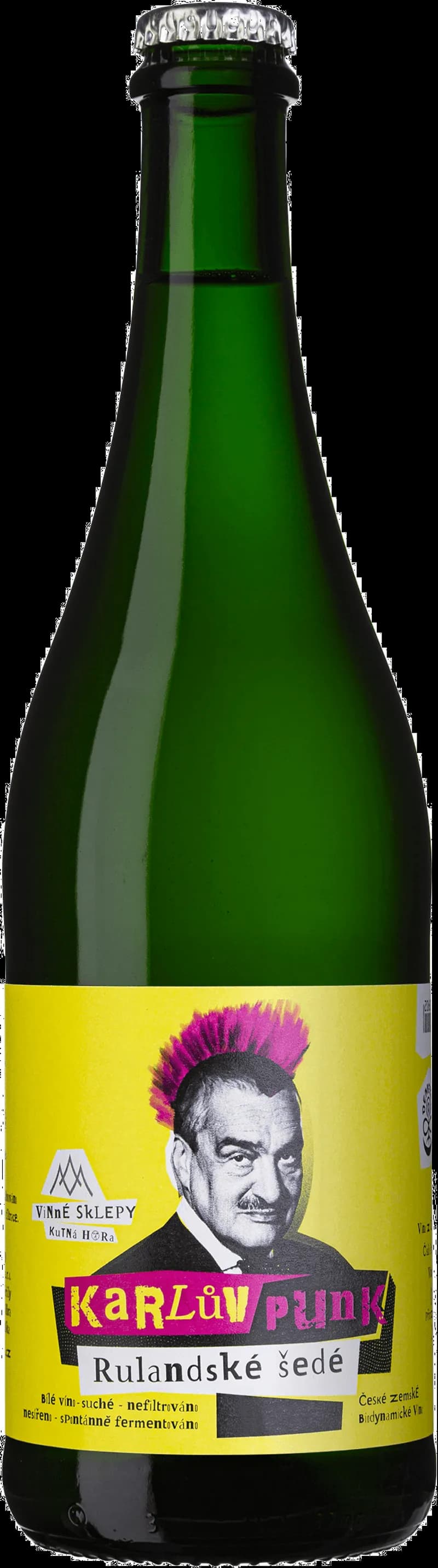 Flaska av Karl's Punk mousserande vin mot en mörk bakgrund.
