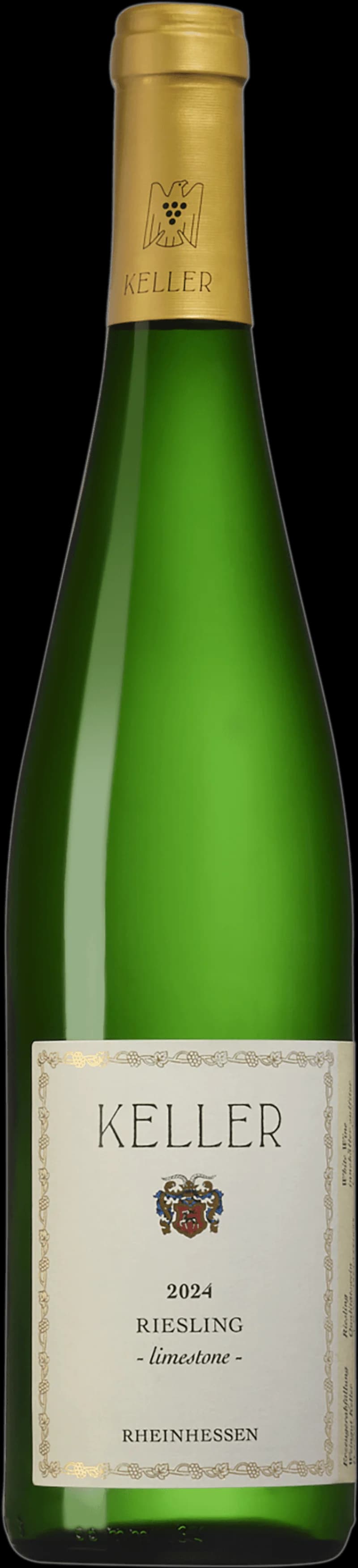 Flaska med vitt vin från Keller på en ljus bakgrund.