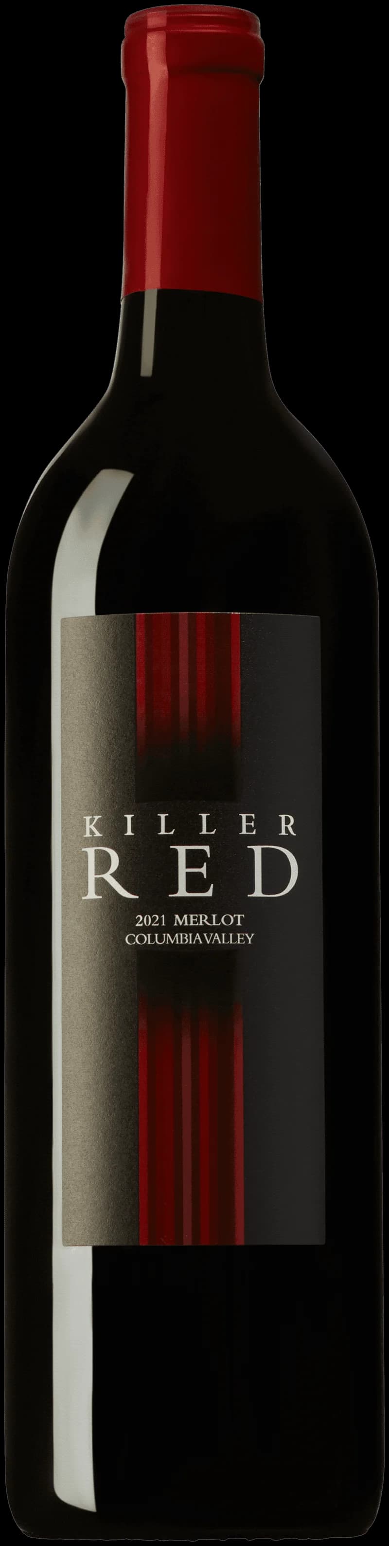 Flaska med Killer Red rött vin mot mörk bakgrund