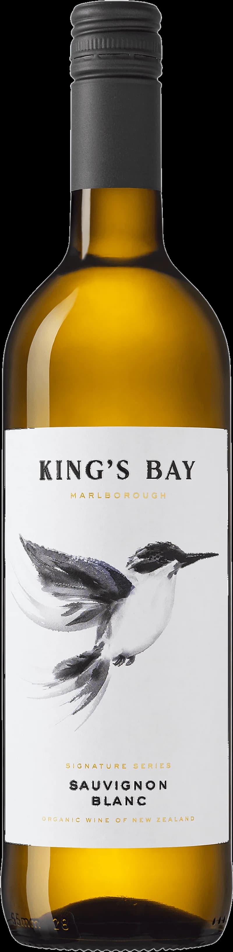 Flaska med King's Bay vitt vin mot ljus bakgrund