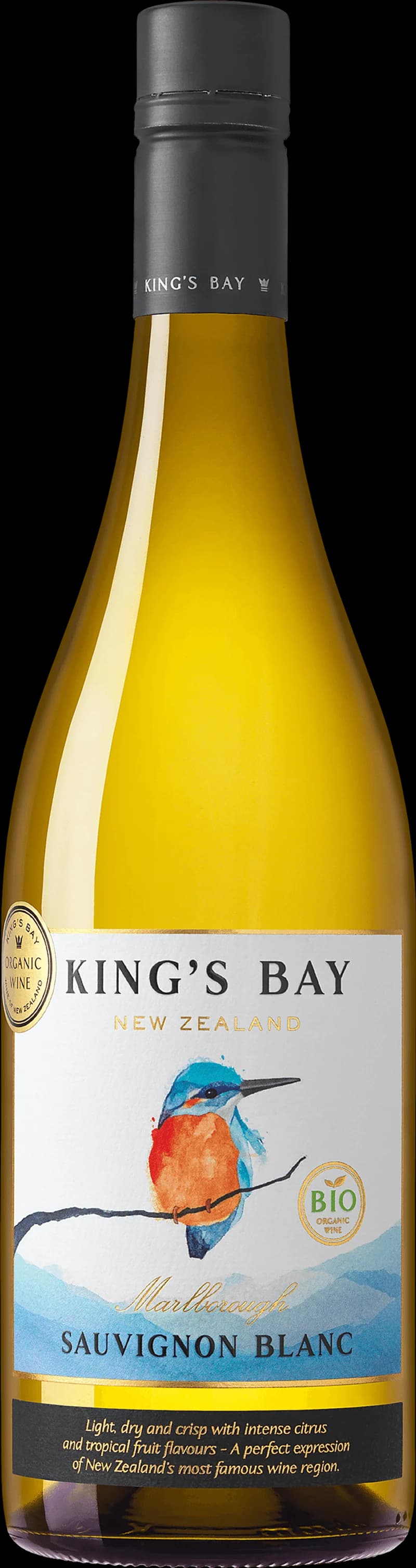 Flaska King's Bay vitt vin mot ljus bakgrund