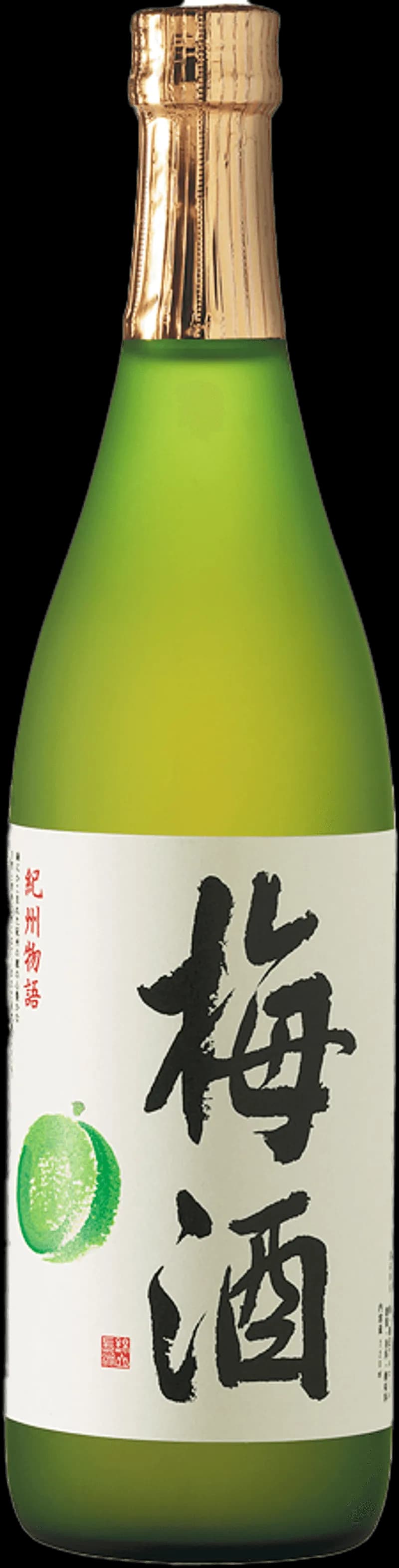 Flaska med Kishu Monogatari smaksatt vin och fruktvin, etikett med japansk design.
