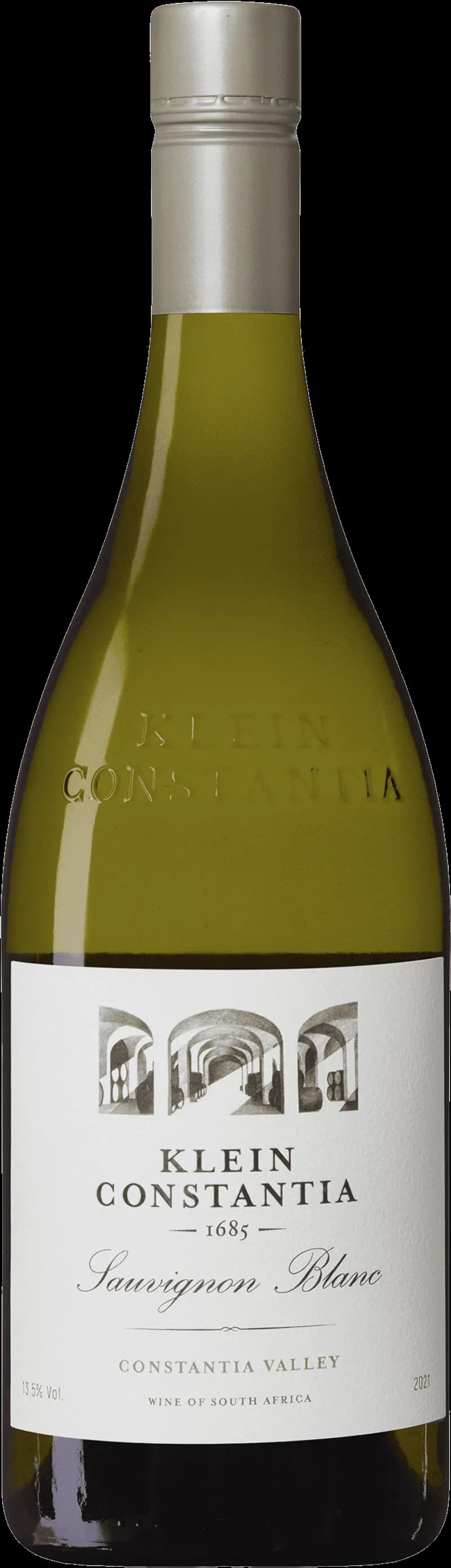 Flaska av Klein Constantia vitt vin mot ljus bakgrund.
