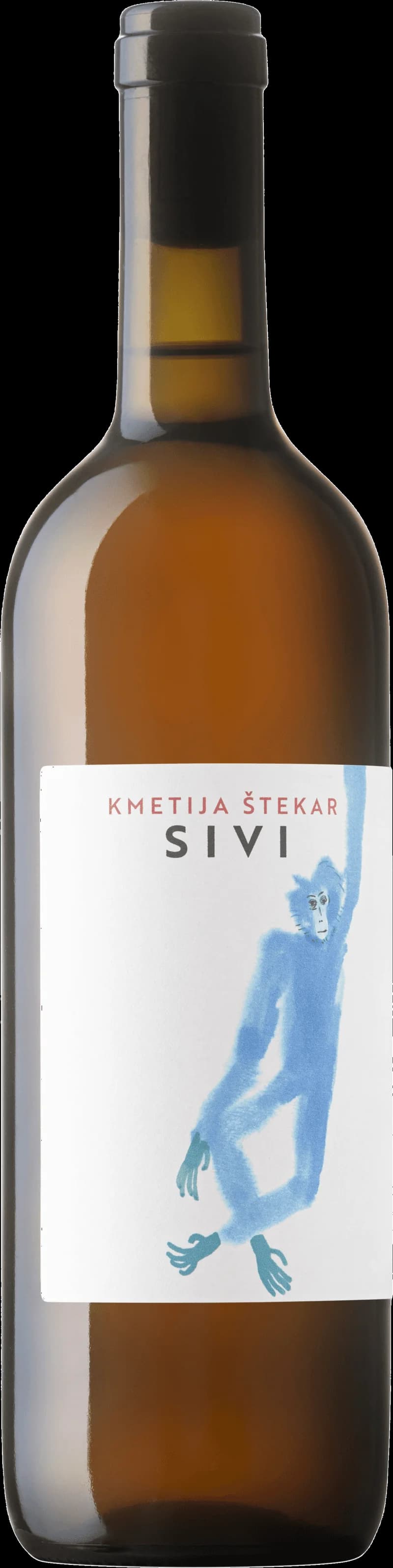Flaska vitt vin från Kmetija Stekar på en rustik träbänk.
