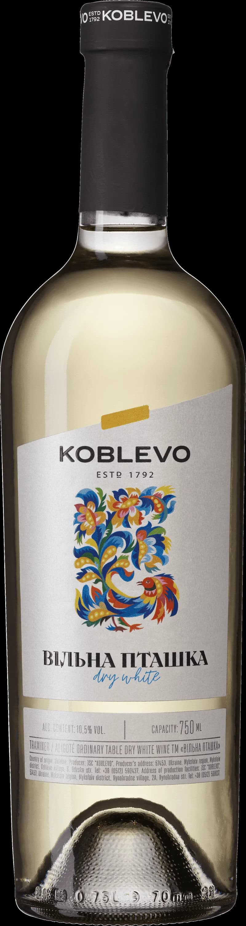 Flaska Koblevo vitt vin mot ljus bakgrund