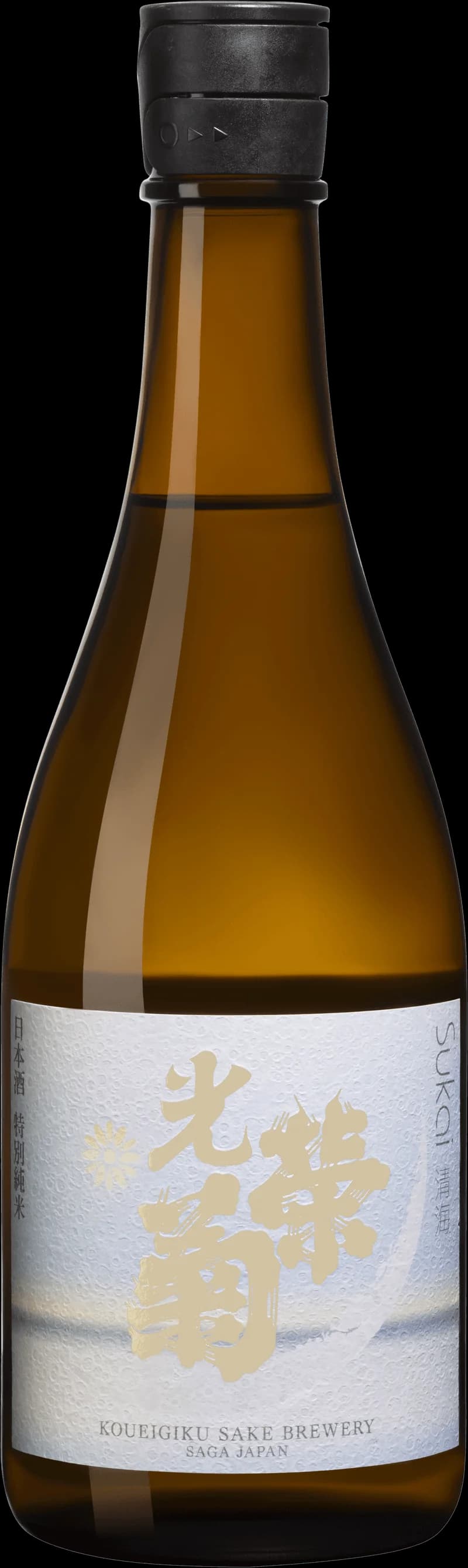 Flaska med Kouei Giku Sukai Sake mot ljus bakgrund.