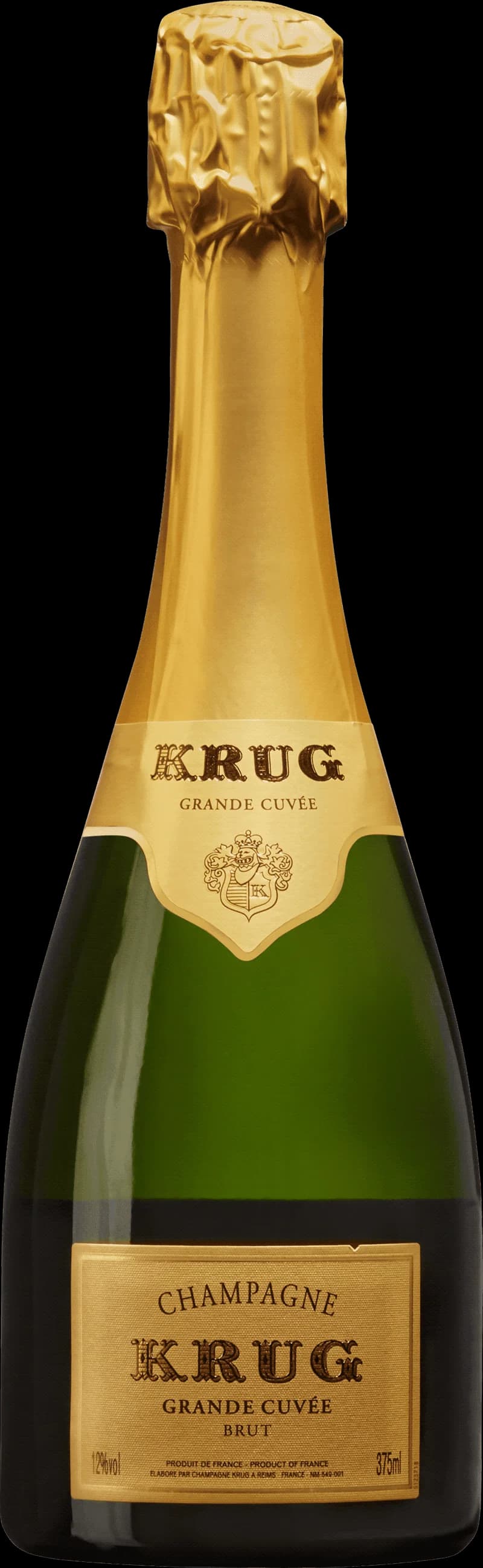 Flaska av Krug mousserande vin mot neutral bakgrund