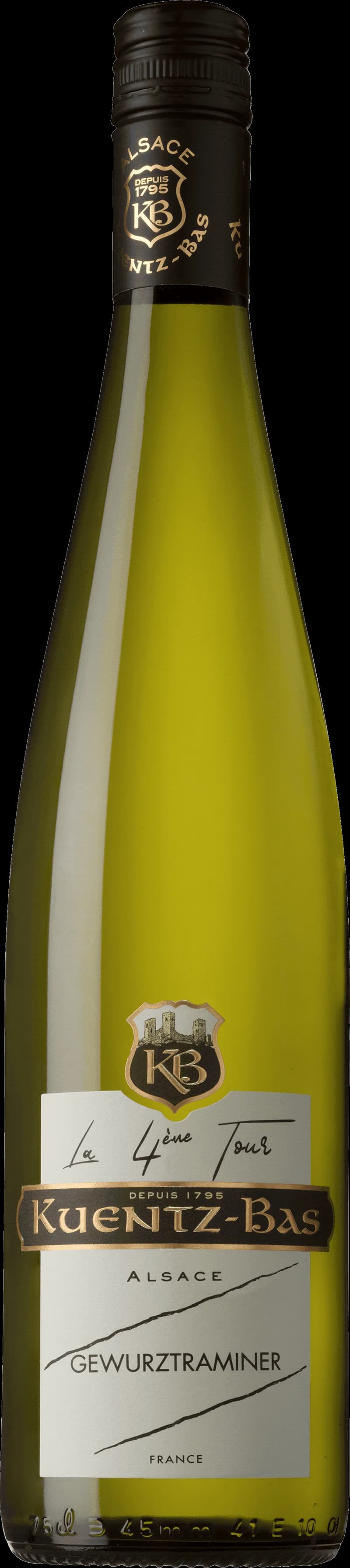 Flaska av Kuentz Bas vitt vin mot en neutral bakgrund.