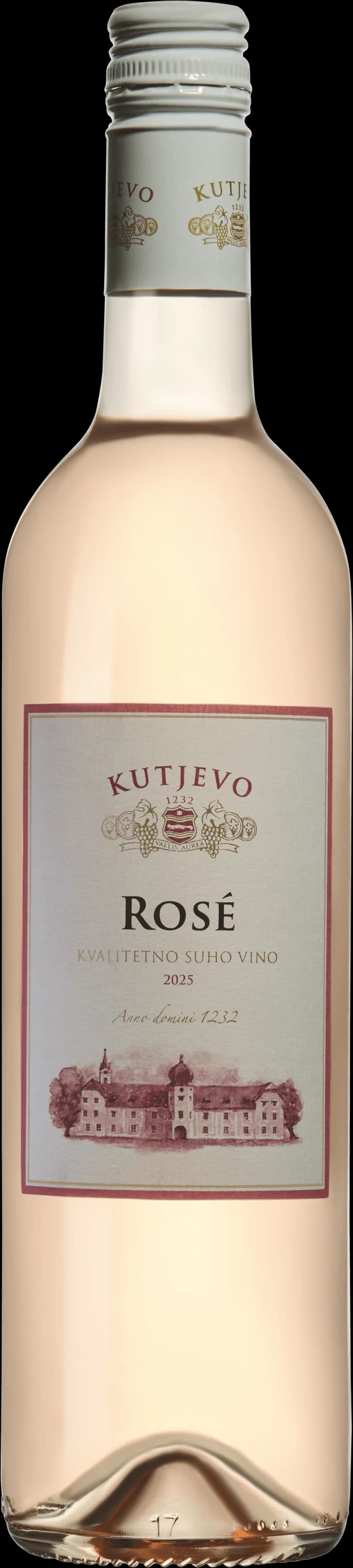Flaska av Kutjevo rosévin mot en ljus bakgrund.