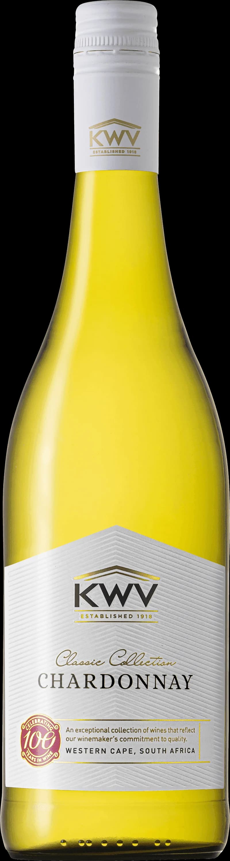 Flaska av KWV Chardonnay vitt vin mot ljus bakgrund.
