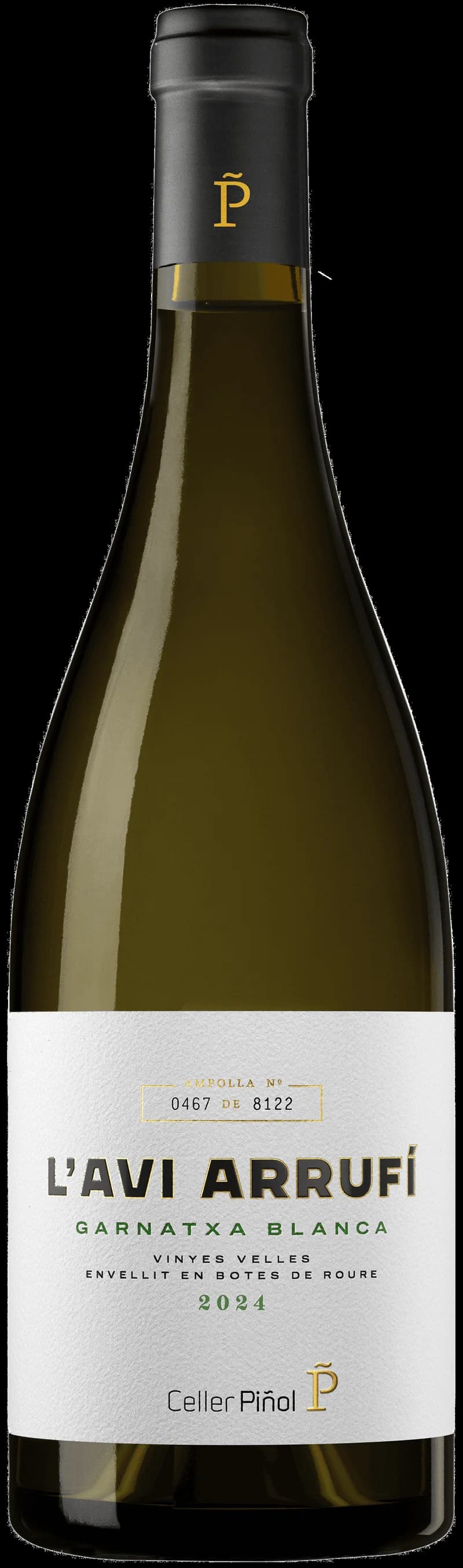 Flaska L'Avi Arrufi vitt vin mot ljus bakgrund
