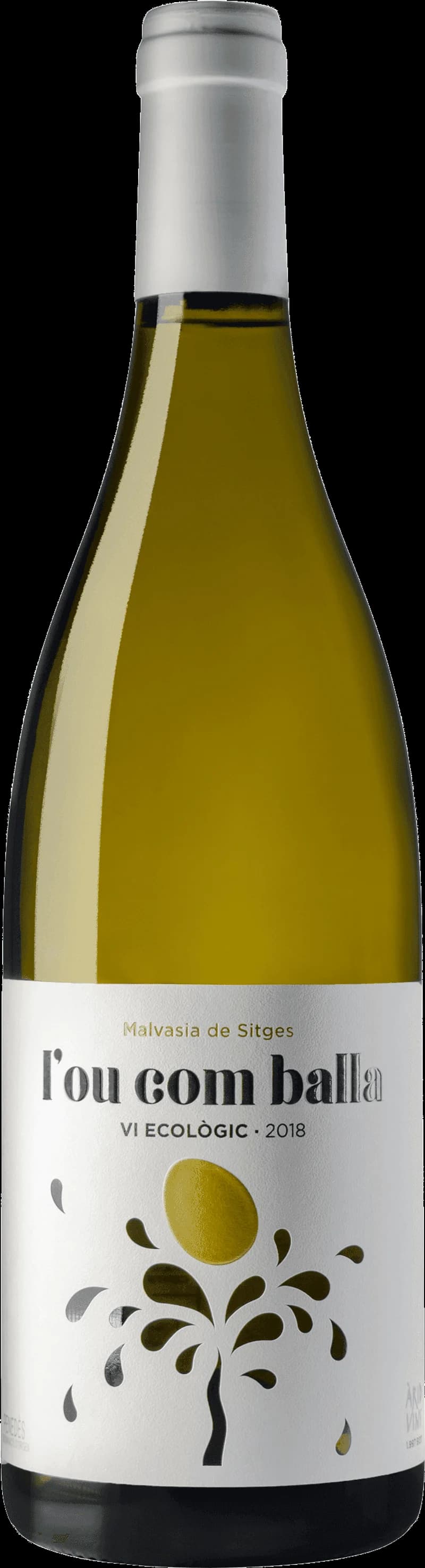 Flaska av L'Ou Com Balla vitt vin på en bordsservering.