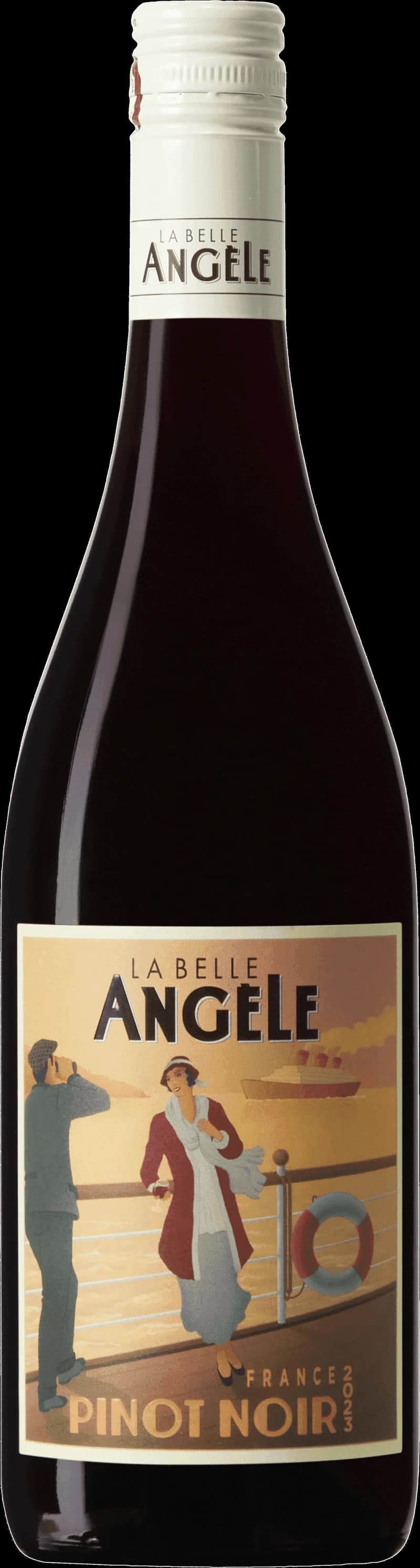 Flaska av rött vin La Belle Angèle mot en mörk bakgrund.