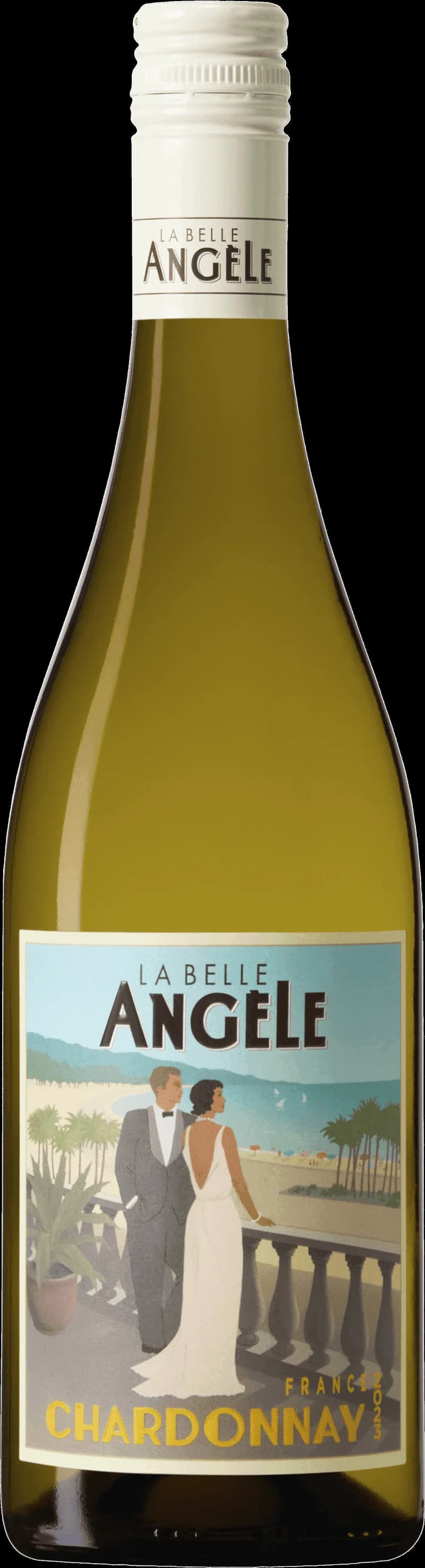 Flaska av vitt vin från La Belle Angèle på en ljus bakgrund.