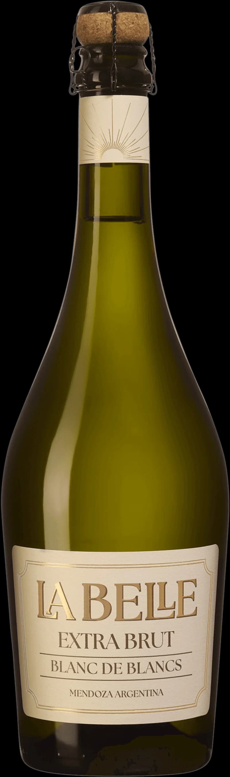 Flaska av La Belle mousserande vin från 2018, liggande på en yta.