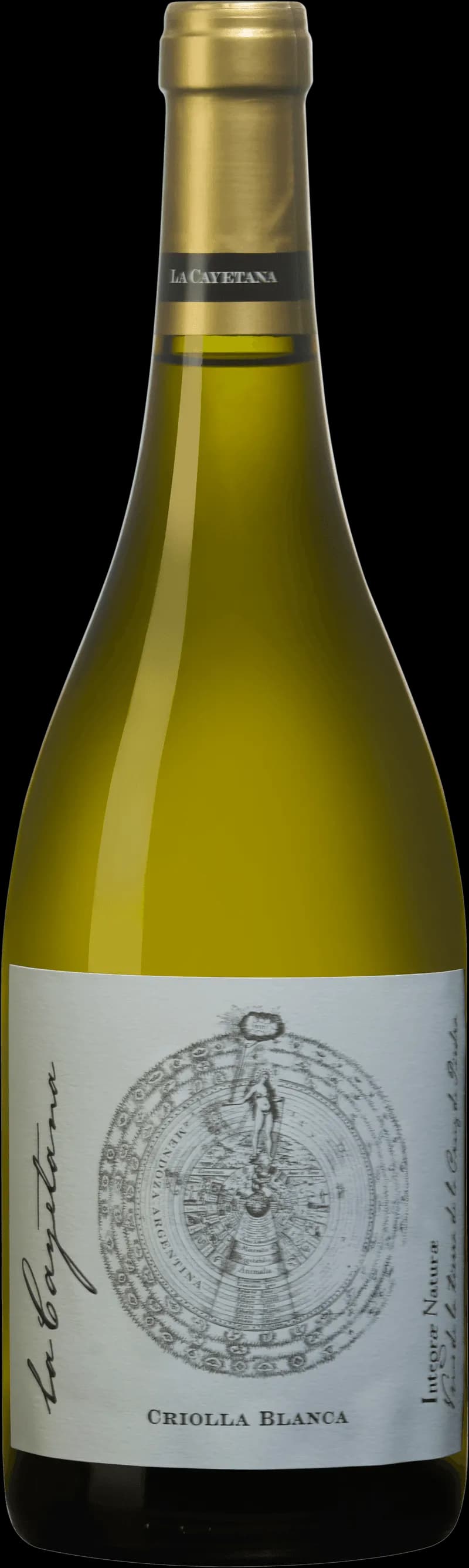Flaska av La Cayetana vitt vin mot ljus bakgrund.