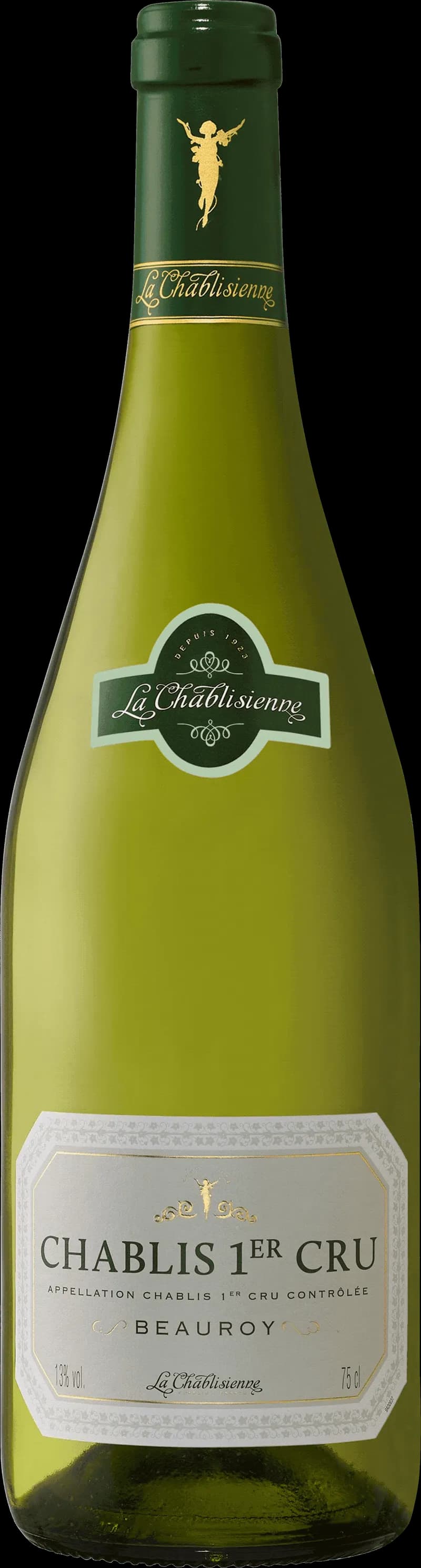 Flaska av vitt vin från La Chablisienne