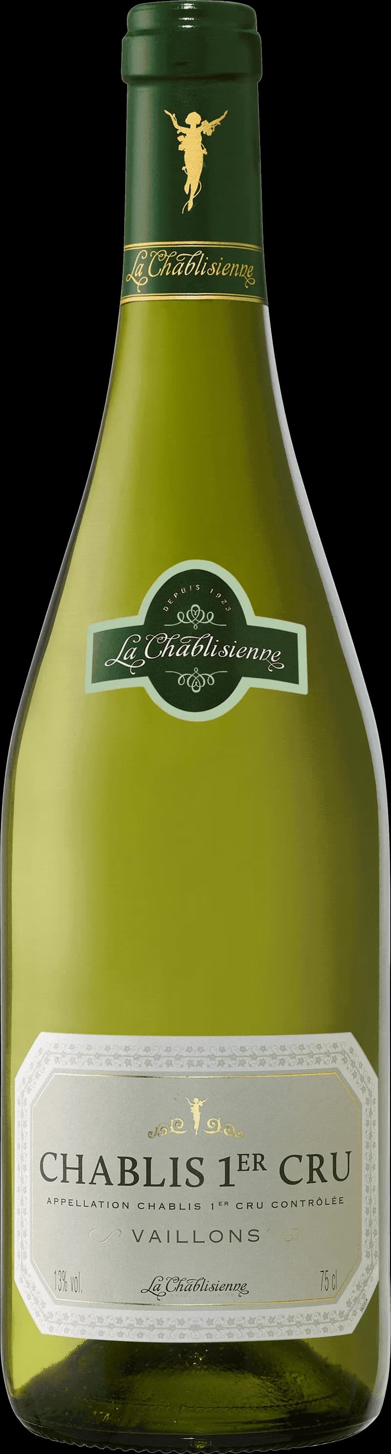 Flaska av vitt vin från La Chablisienne