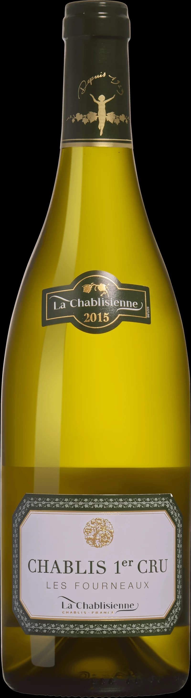 Flaska av vitt vin från La Chablisienne