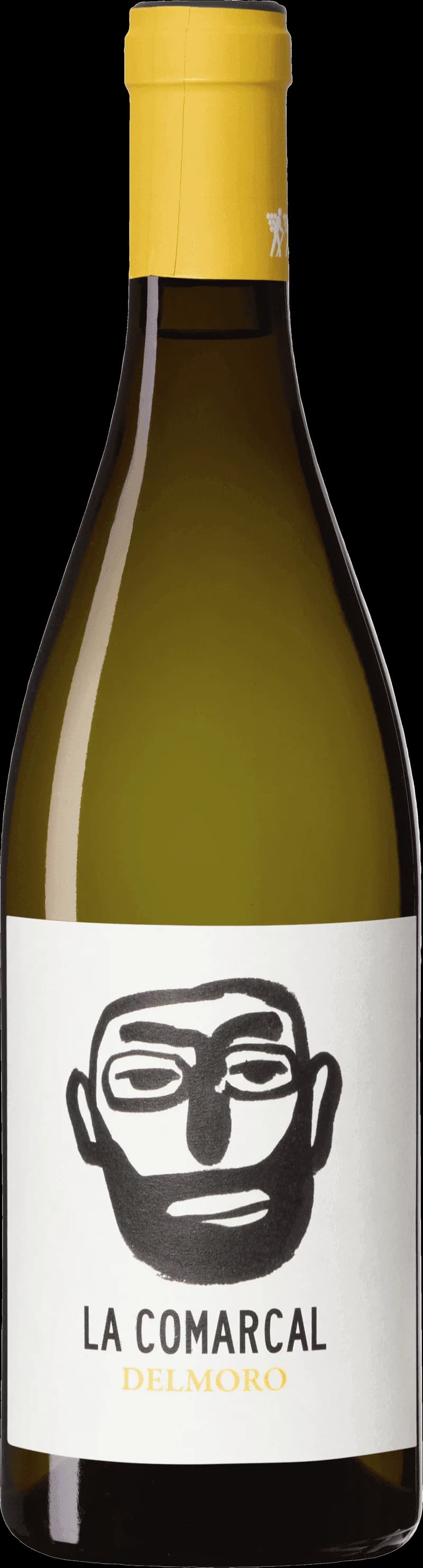Flaska med La Comarcal vitt vin mot ljus bakgrund.