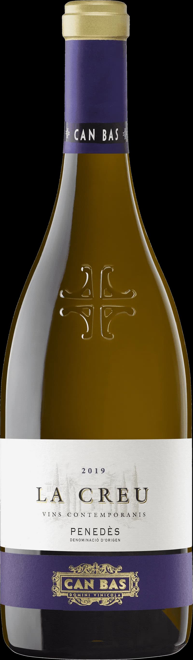 Flaska av La Creu vitt vin mot ljus bakgrund