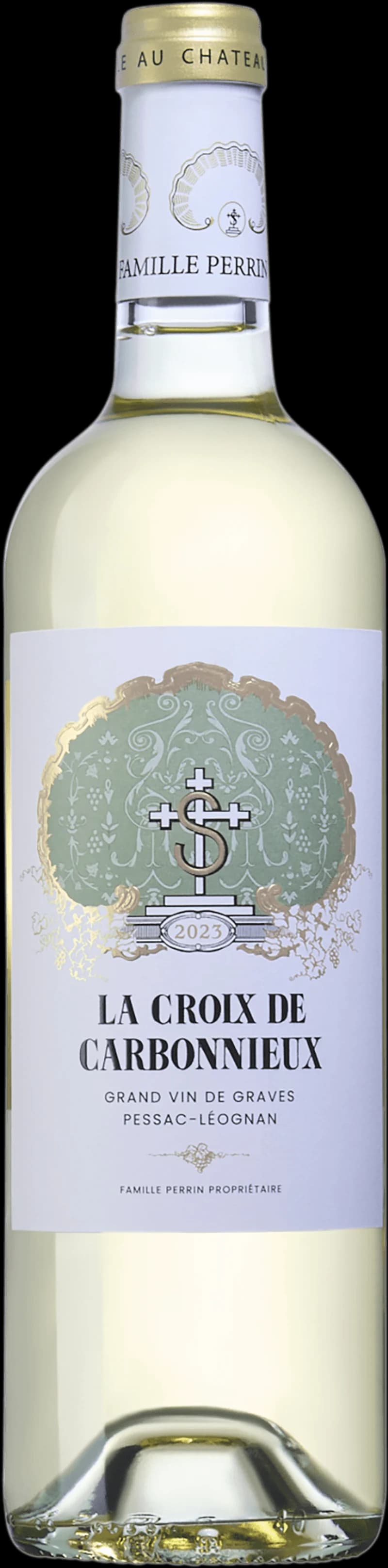 Flaska av La Croix de Carbonnieux vitt vin mot en neutral bakgrund.