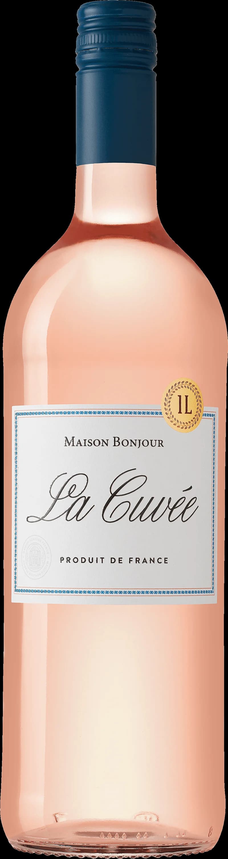 Flaska av La Cuvée Maison Bonjour rosévin mot en ljus bakgrund.