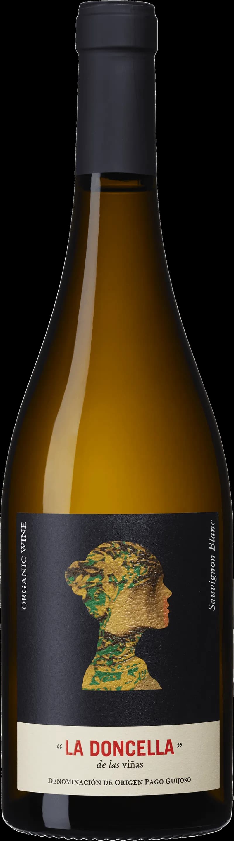 Flaska av La Doncella de las Viñas vitt vin mot en neutral bakgrund.