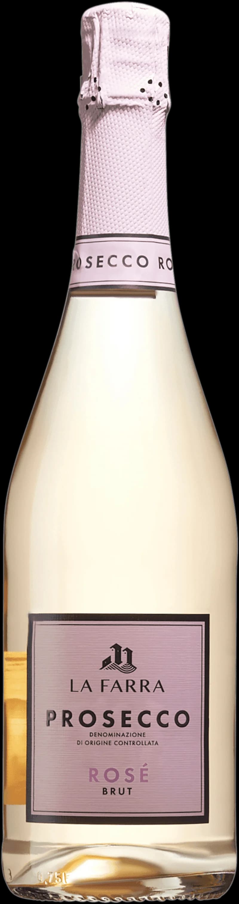 Flaska med La Farra Prosecco mousserande vin mot ljus bakgrund.