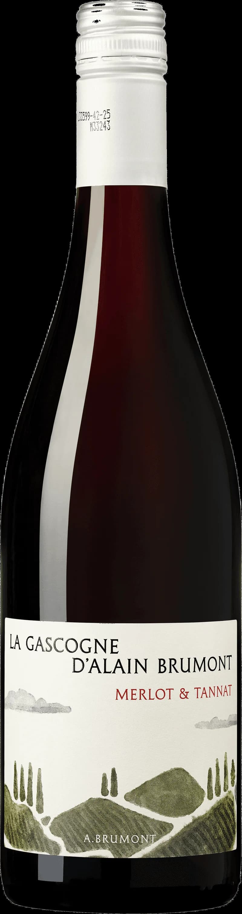 Flaska av rött vin La Gascogne par Alain Brumont på en bordsservering.