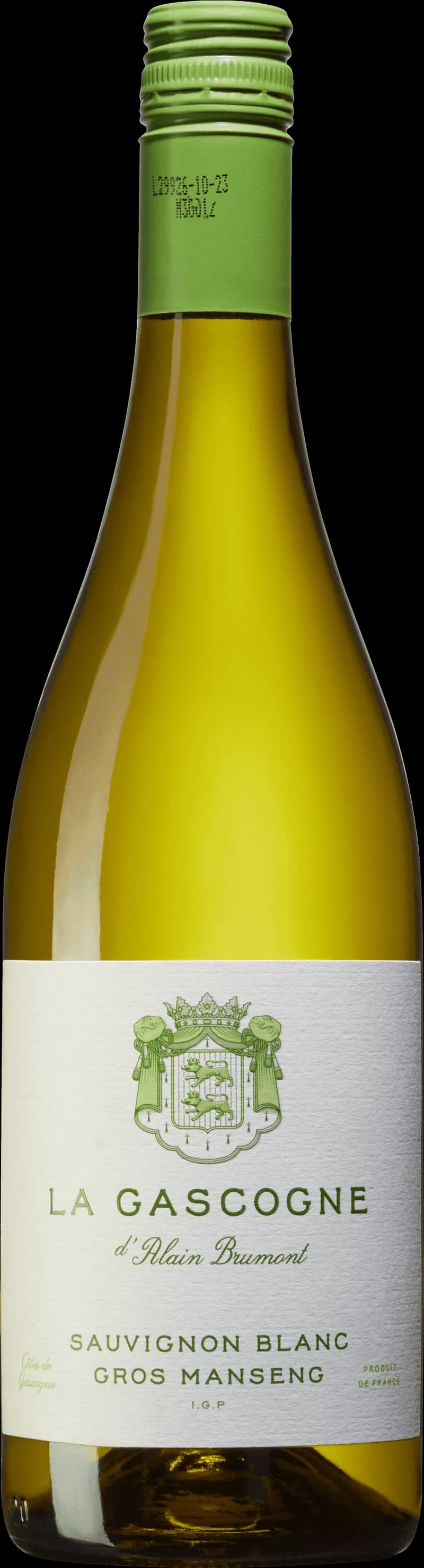 Flaska av La Gascogne par Alain Brumont vitt vin på en bordsservering.