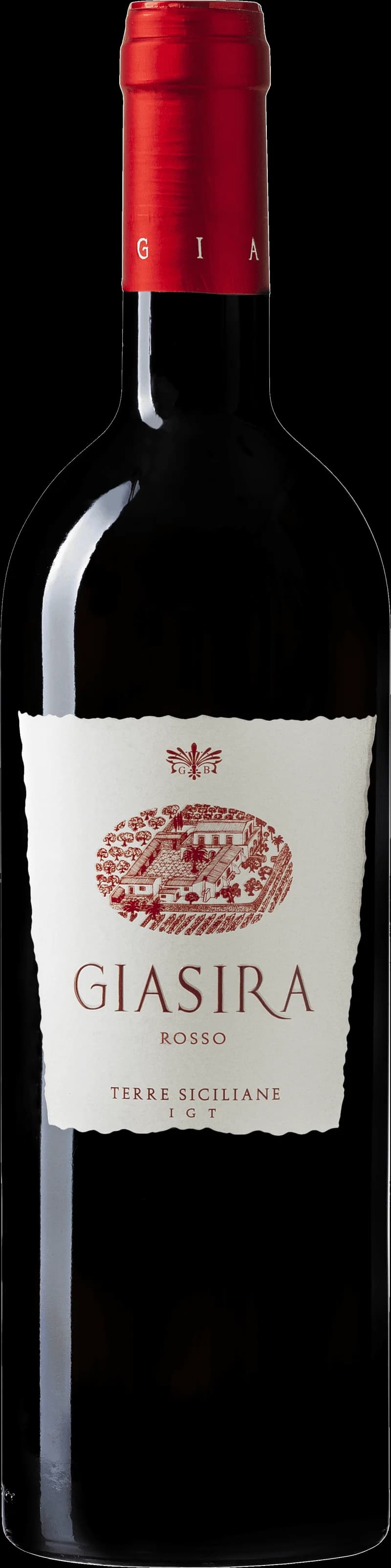 Flaska av rött vin från La Giasira på en bordduk.