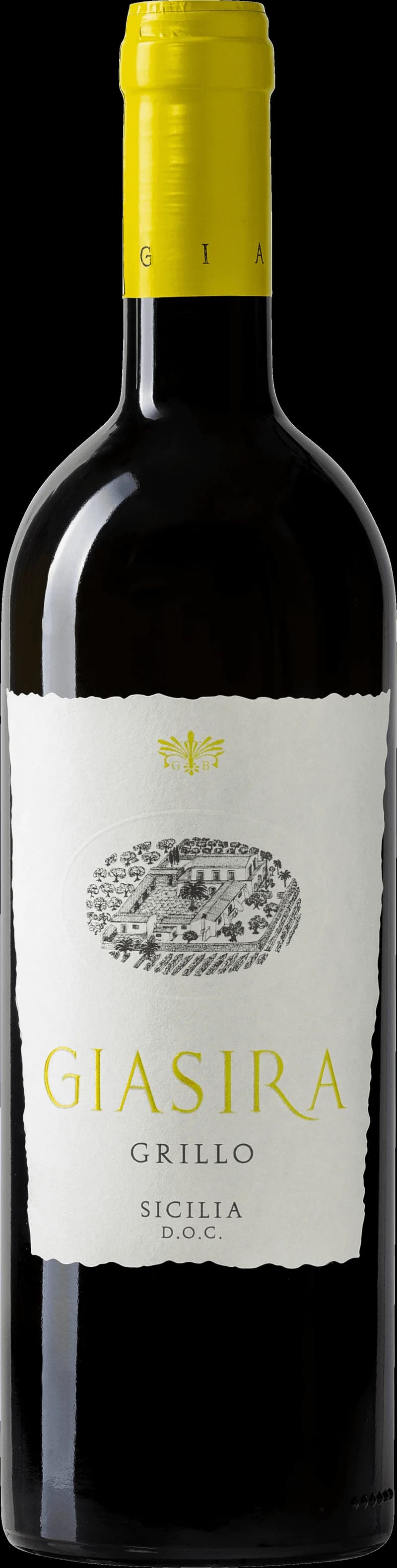 Flaska av La Giasira vitt vin mot en ljus bakgrund.
