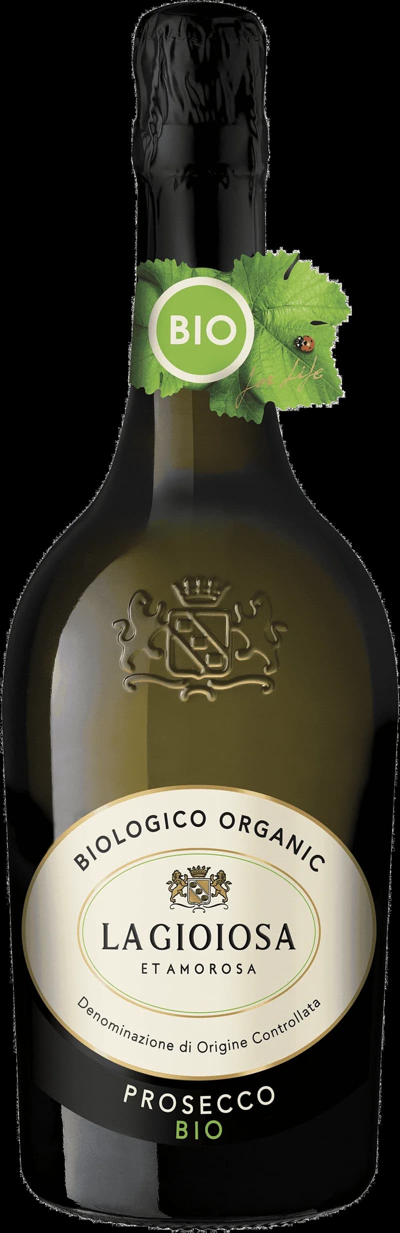 Flaska av La Gioiosa mousserande vin mot ljus bakgrund.