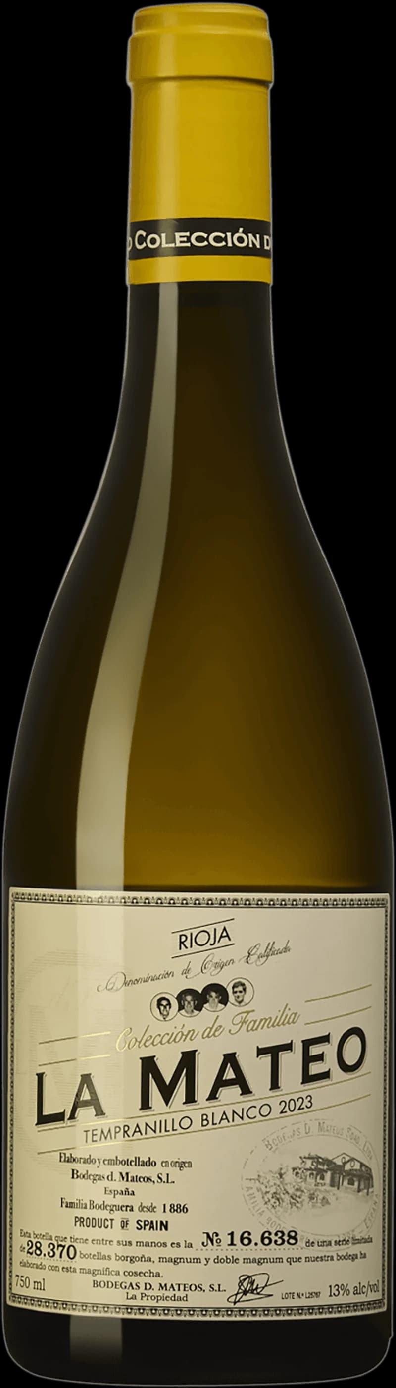 Flaska av La Mateo vitt vin mot en ljus bakgrund.
