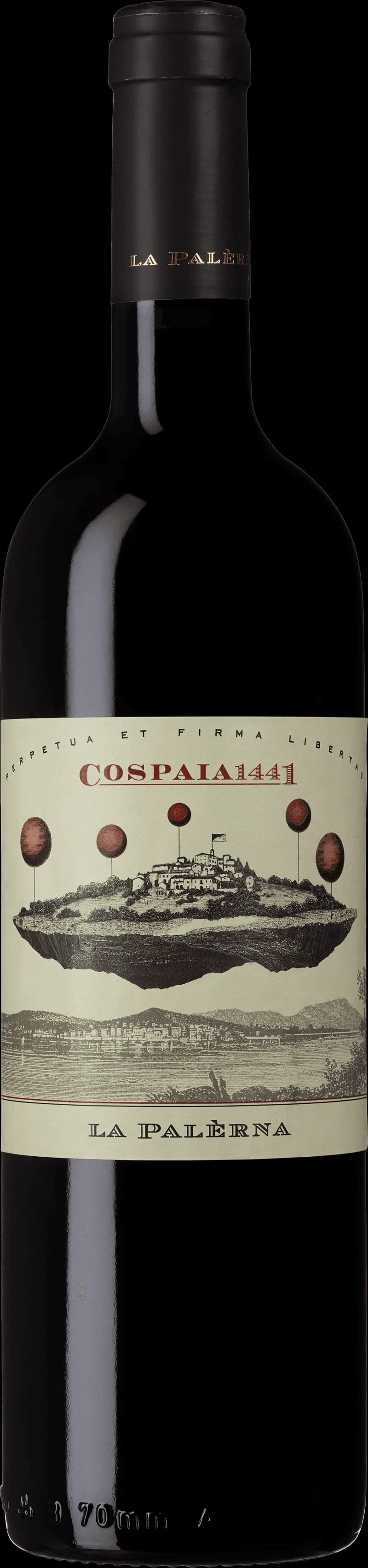 Flaska av rött vin från La Palerna på en bordduk.