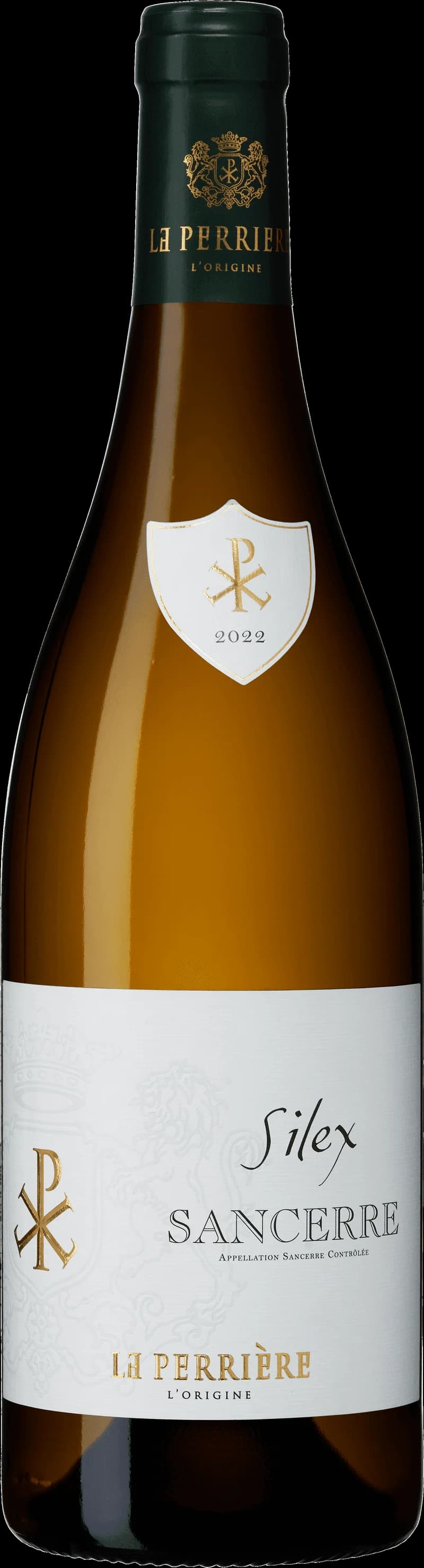 Flaska av La Perrière Silex Sancerre vitt vin mot ljus bakgrund.