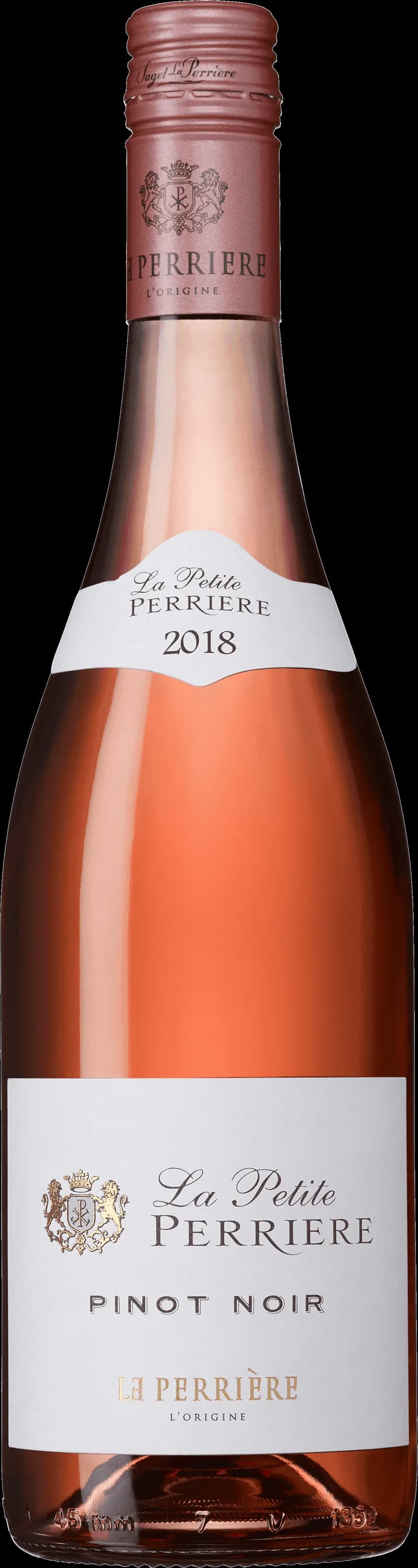 Flaska av La Petite Perrière rosévin mot ljus bakgrund.