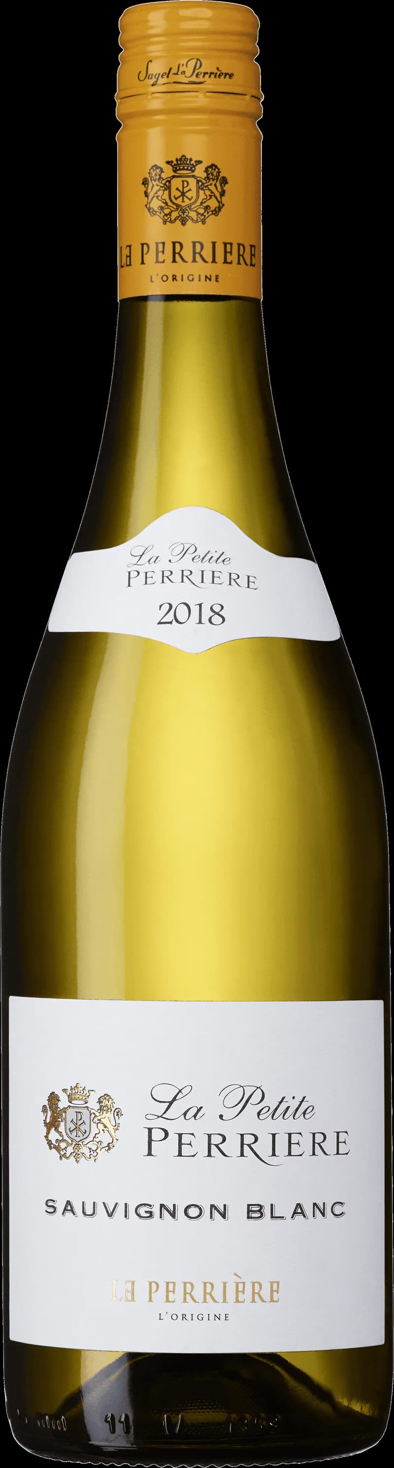 Flaska av La Petite Perrière vitt vin mot ljus bakgrund