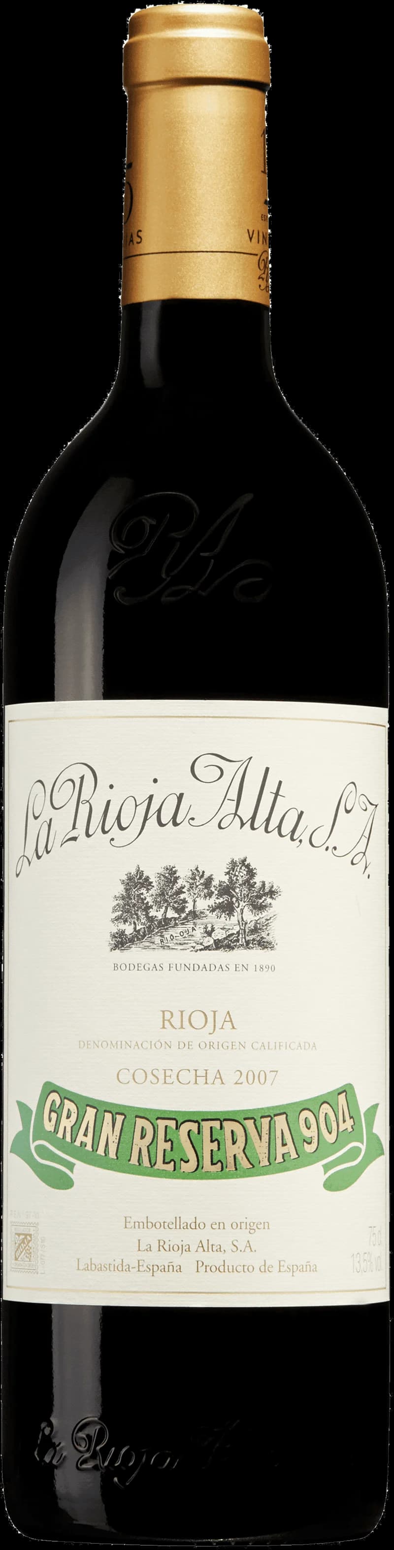 Flaska av La Rioja Alta rött vin mot neutral bakgrund