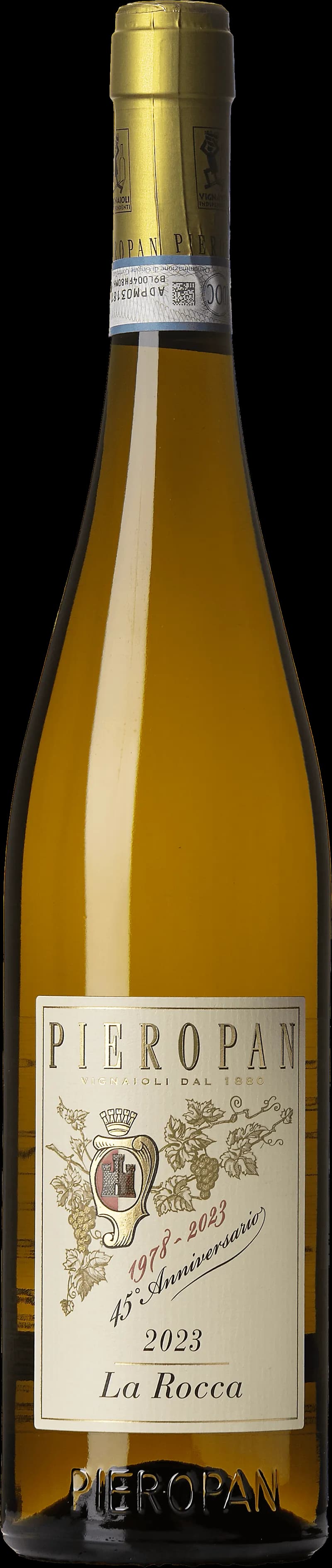 Flaska av La Rocca vitt vin på en bordsduk