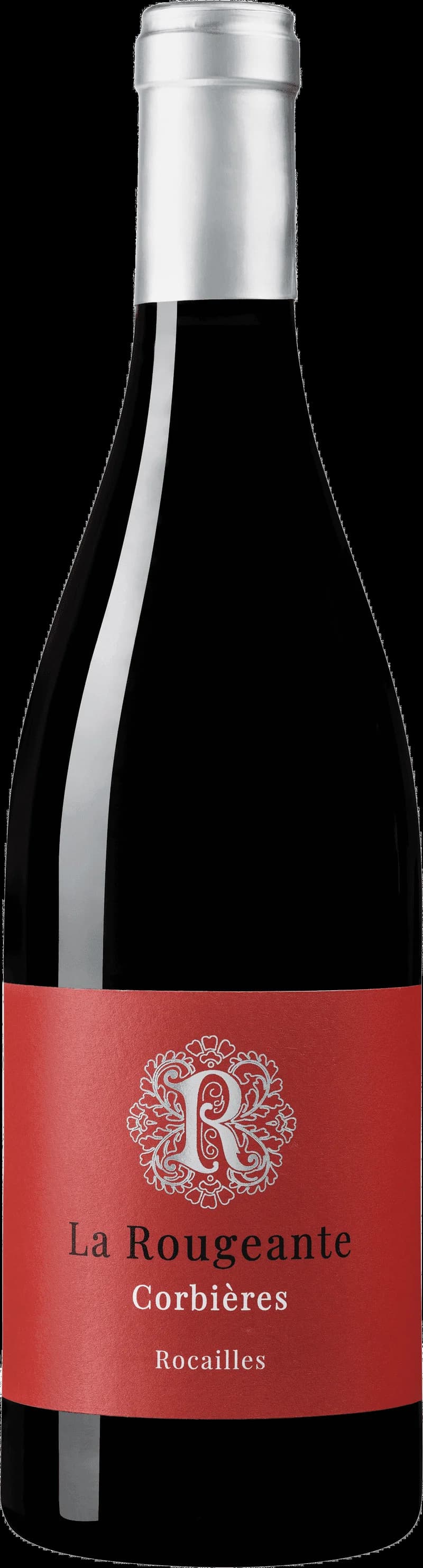 Flaska av rött vin La Rougeante på en mörk bakgrund