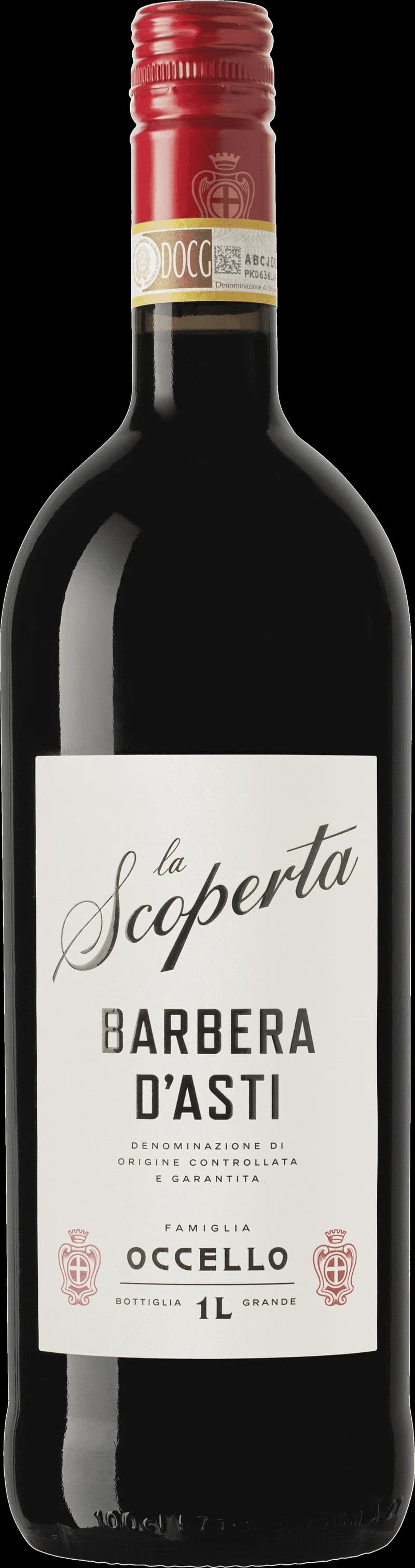 Flaska av rött vin från La Scoperta på en bordsservering.