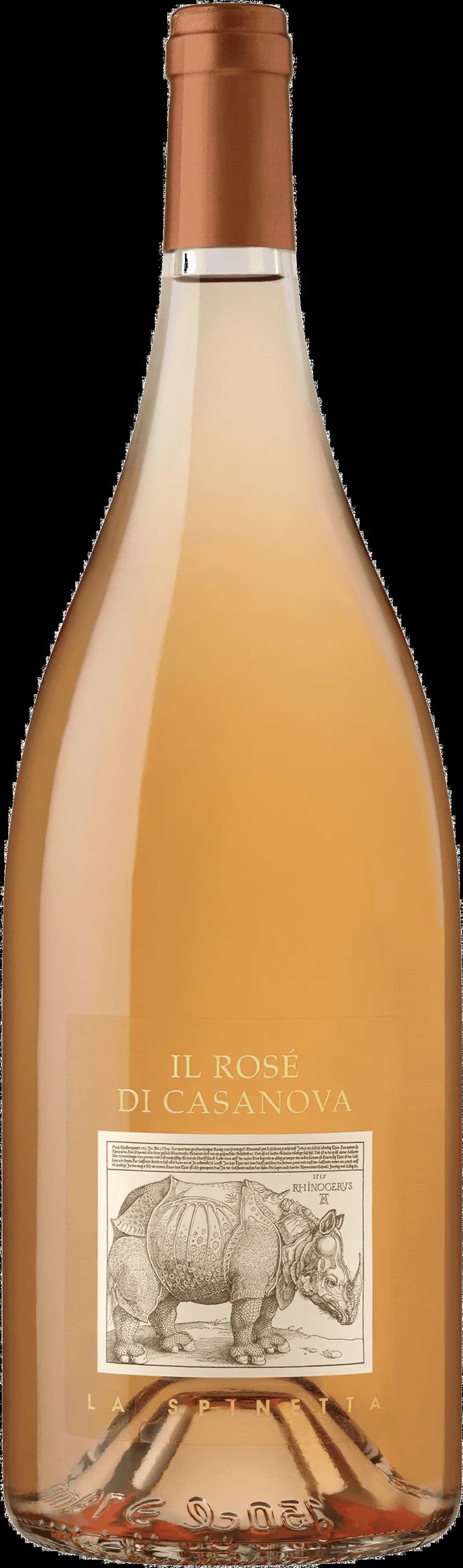 Flaska av La Spinetta rosévin mot ljus bakgrund.