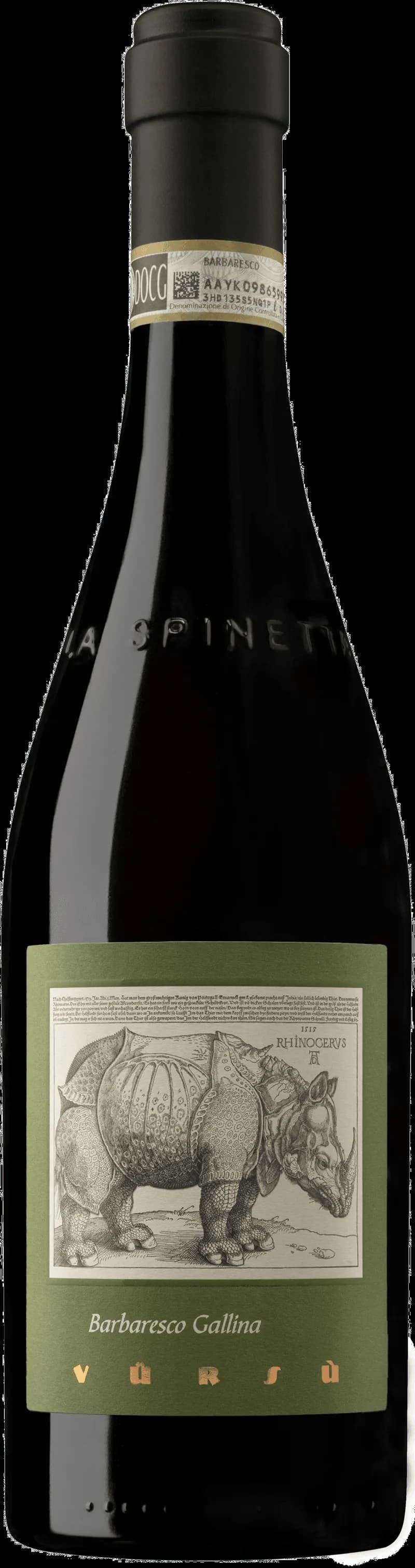 Flaska av rött vin från La Spinetta på en bordsservering.