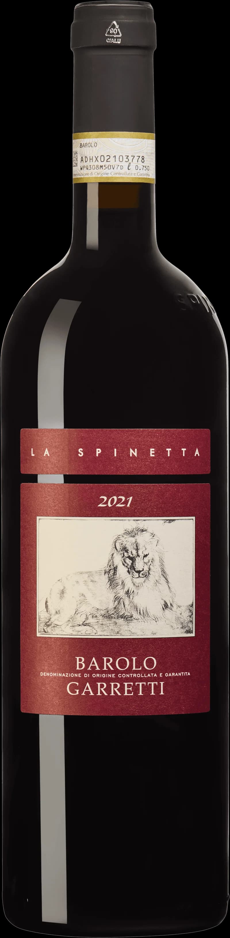 Flaska av rött vin från La Spinetta mot en mörk bakgrund.