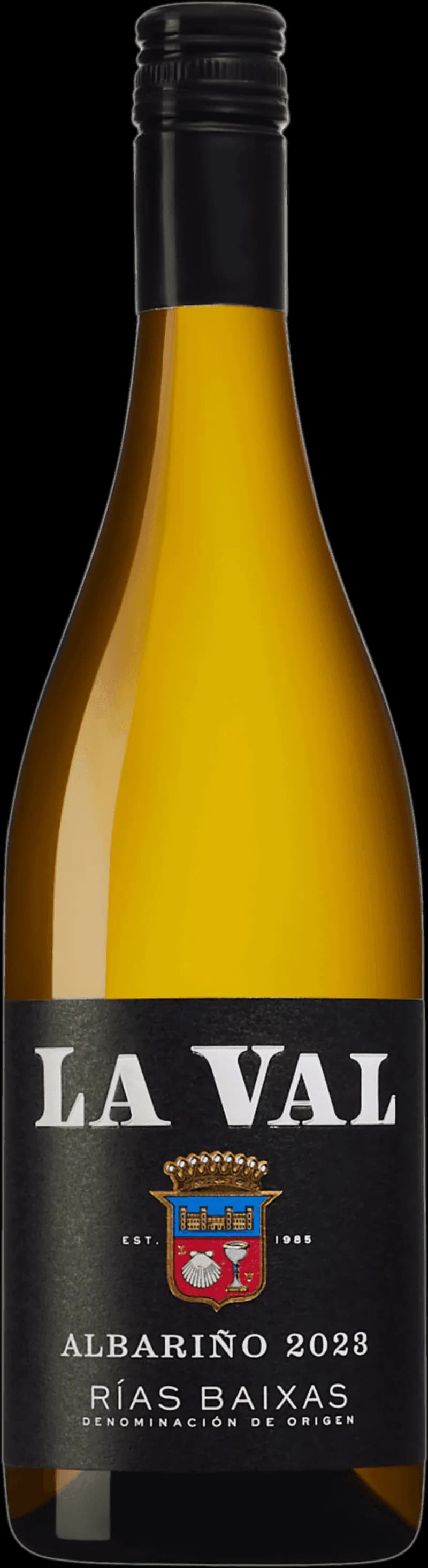 Flaska med La Val vitt vin på en ljus bakgrund.